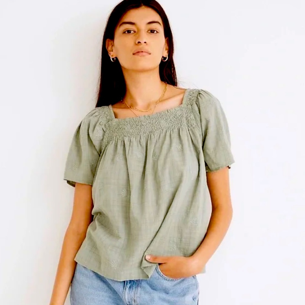 Madewell Square Neck Smocked Top Blouse; Small